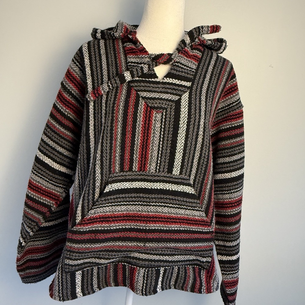 Vintage Baja Hoodie Mens Poncho Jacket Mexican Surfer red grey black  Sz Medium